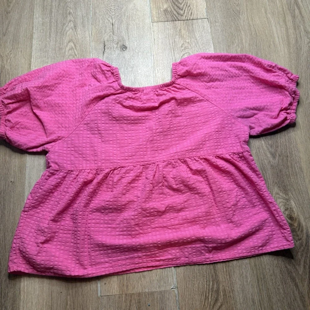 Womens Pink Babydoll Peasant Blouse Puff Sleeve Textured Top Size Large Navy